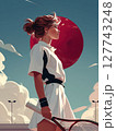 A female tennis player in her athletic outfit, focused on the red moon above as she prepares for a serve, with a clear blue sky and a tennis court in the background. Motivational concept for tennis 127743248
