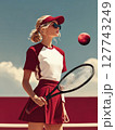 A female tennis player in her athletic outfit, focused on the red moon above as she prepares for a serve, with a clear blue sky and a tennis court in the background. Motivational concept for tennis 127743249
