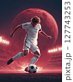 A football player in full athletic gear, poised to kick the ball with explosive power, under the bright stadium lights. Motivational concept for football lovers. 127743253
