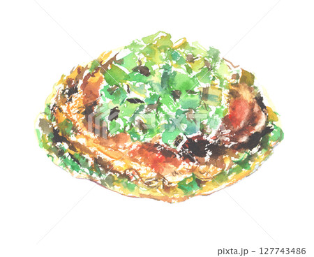 大阪名物ねぎ焼きの水彩イラスト – 香ばしく焼けた関西の粉もの料理 大阪名物ねぎ焼きの水彩イラスト – 香ばしく焼けた関西の粉もの料理 127743486