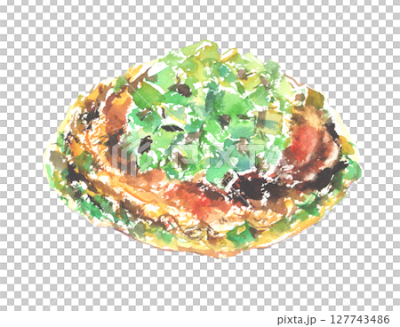 大阪名物ねぎ焼きの水彩イラスト – 香ばしく焼けた関西の粉もの料理 大阪名物ねぎ焼きの水彩イラスト – 香ばしく焼けた関西の粉もの料理 127743486