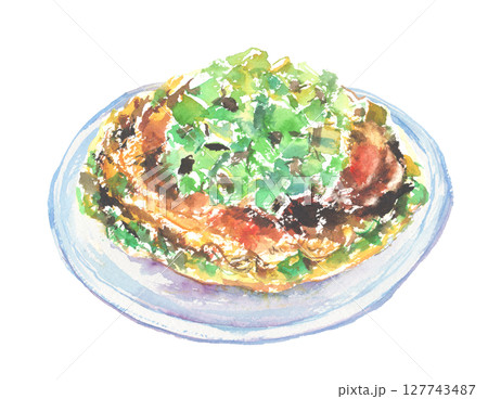 大阪名物ねぎ焼きの水彩イラスト – 香ばしく焼けた関西の粉もの料理 大阪名物ねぎ焼きの水彩イラスト – 香ばしく焼けた関西の粉もの料理 127743487