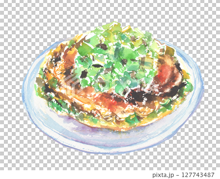 大阪特色菜 Negiyaki 的水彩插圖 - 一種美味的關西麵粉菜餚 127743487