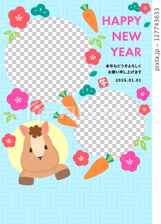かわいい馬が窓から顔を出しているカラフルな2026年午年フォト年賀状　水色背景 127743633