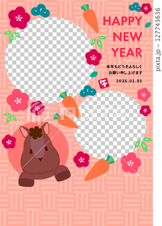 Colorful 2026 Year of the Horse photo New Year's card with a cute horse peeking out of the window Orange background 127743636