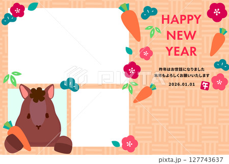 かわいい馬が窓から顔を出しているカラフルな2026年午年フォト年賀状 オレンジ背景 かわいい馬が窓から顔を出しているカラフルな2026年午年フォト年賀状 オレンジ背景 127743637