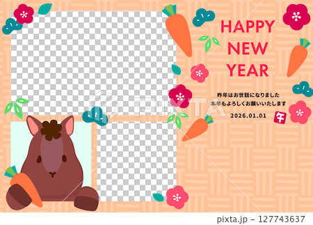 かわいい馬が窓から顔を出しているカラフルな2026年午年フォト年賀状 オレンジ背景 かわいい馬が窓から顔を出しているカラフルな2026年午年フォト年賀状 オレンジ背景 127743637
