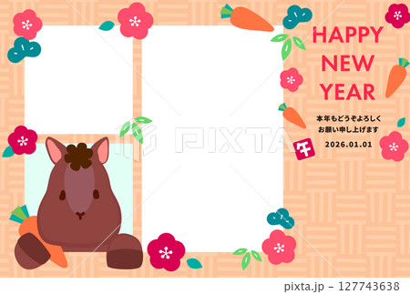 かわいい馬が窓から顔を出しているカラフルな2026年午年フォト年賀状 オレンジ背景 かわいい馬が窓から顔を出しているカラフルな2026年午年フォト年賀状 オレンジ背景 127743638