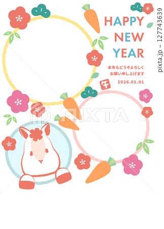 かわいい白馬が窓から顔を出しているカラフルな2026年午年フォト年賀状 白背景 かわいい白馬が窓から顔を出しているカラフルな2026年午年フォト年賀状 白背景 127743639