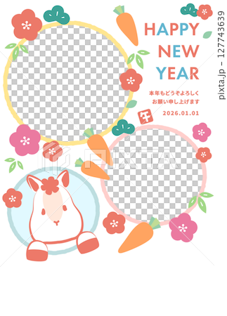 かわいい白馬が窓から顔を出しているカラフルな2026年午年フォト年賀状 白背景 かわいい白馬が窓から顔を出しているカラフルな2026年午年フォト年賀状 白背景 127743639