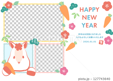 かわいい白馬が窓から顔を出しているカラフルな2026年午年フォト年賀状　白背景 127743640