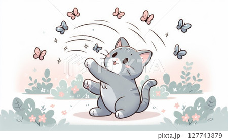 Playful Grey Kitten Chasing Butterflies in Pastel Garden 127743879