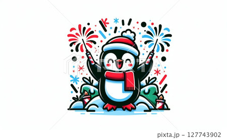 Happy Penguin Celebrating with Fireworks in Winter Happy Penguin Celebrating with Fireworks in Winter 127743902