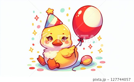 Cute Yellow Duckling with Red Balloon and Confetti 127744057