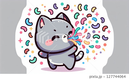 Cute Grey Kitten Blowing Rainbow Confetti 127744064