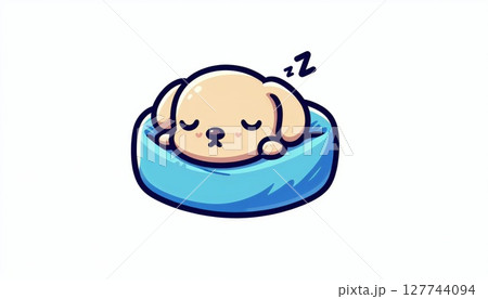 Cute Beige Puppy Sleeping in Blue Pet Bed 127744094