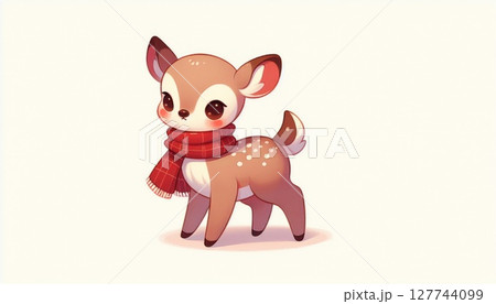 Adorable Cartoon Deer in Red Scarf 127744099