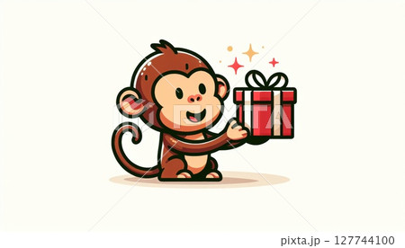 Happy Monkey Holding a Red Gift Box 127744100