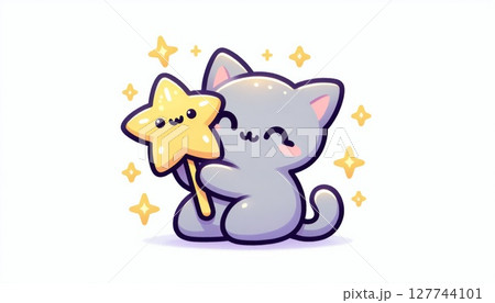 Cute Grey Kitten Holding a Yellow Star 127744101