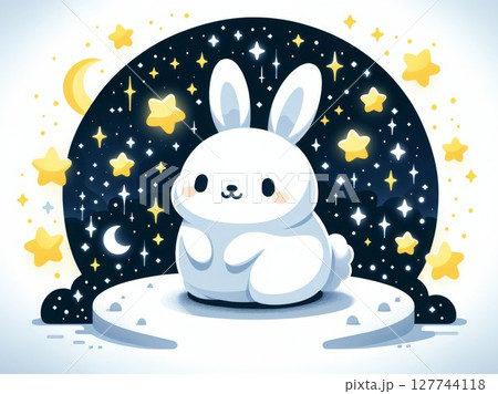 Cute White Bunny Under a Starry Night Sky Cute White Bunny Under a Starry Night Sky 127744118