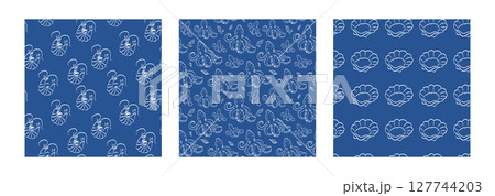 Blue Seamless Seafood Patterns with Shrimp, Octopus and Shell Blue Seamless Seafood Patterns with Shrimp, Octopus and Shell 127744203