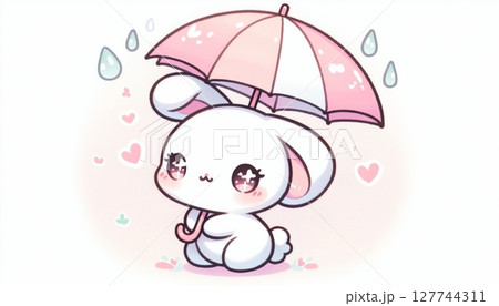 Cute Pink Bunny Holding Umbrella in Rain Cute Pink Bunny Holding Umbrella in Rain 127744311