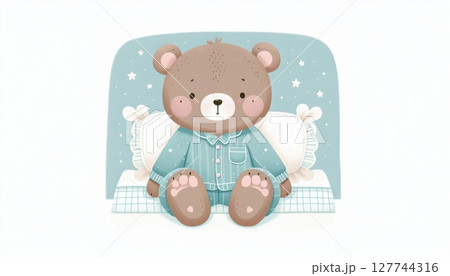 Adorable Brown Teddy Bear in Blue Pajamas Sleeping in Bed 127744316