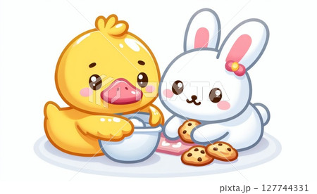 Cute Yellow Duck and White Rabbit Baking Cookies Together 127744331