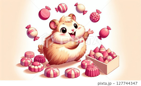 Playful Hamster Juggling Pink Candies 127744347