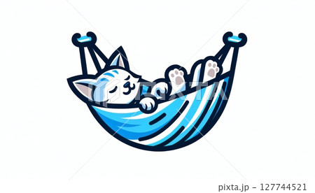 Cute White Cat Sleeping in Blue Hammock Illustration 127744521