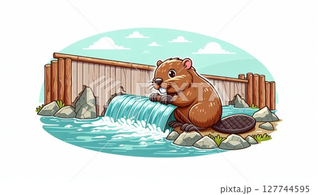 Cute Cartoon Beaver by a Waterfall 127744595