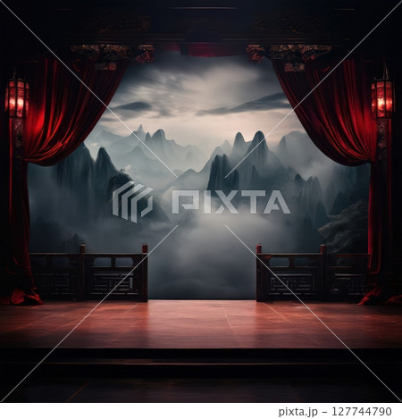 an AI Image Generator, Misty Mountain Landscape Framed by Traditional Red Curtains and Wooden Architecture 127744790