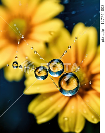 an AI Image Generator, Dew Drops Reflecting Yellow Flowers on a Web 127744802