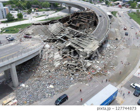 an AI Image Generator, Amid Rubble Depicting Destruction and Crisis From Natural Disaster 127744873