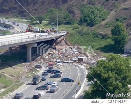 an AI Image Generator, Amid Rubble Depicting Destruction and Crisis From Natural Disaster 127744874