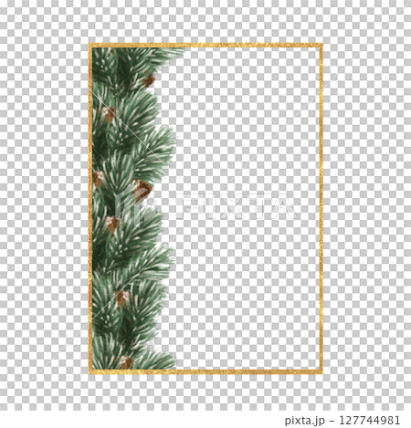 Hand-drawn illustration, square frame featuring pine branches, cones, and a gold border, ideal for Christmas decor, holiday greeting cards, and festive designs. 127744981