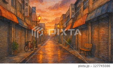 夕焼けに染まる静かなシャッター通りの商店街 127745086