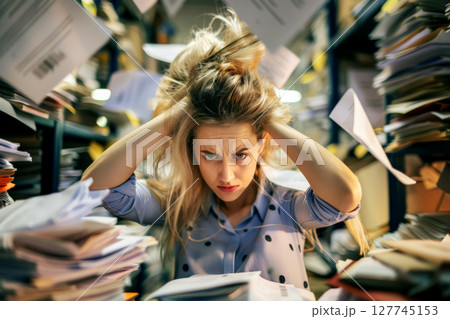 woman with migraine or headache holding her head due to pain, work hard, generative Ai woman with migraine or headache holding her head due to pain, work hard, generative Ai 127745153