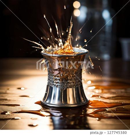an AI Image Generator, Whiskey Splash in Modern Metal Glass on Wooden 127745380