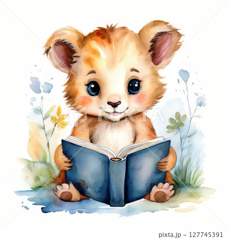 an AI Image Generator, Adorable Watercolor Illustration of a Cute Bear Reading 127745391