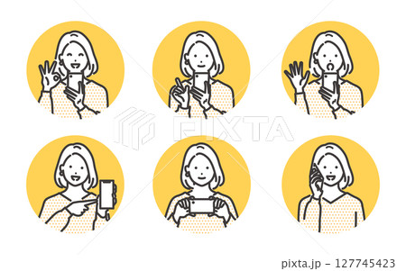 スマホを操作する若い女性のイラストセット 127745423