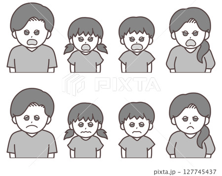 ムカムカ＆困った顔の家族イラスト(白黒グレー) 127745437