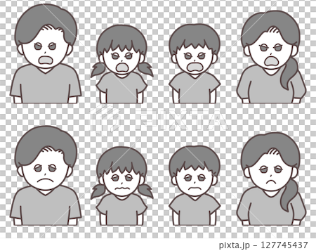 帶有憤怒和困擾面孔的家庭插圖（黑白，灰色） 127745437