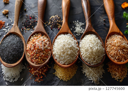 A variety of health Raw wild rice in a wooden spoon.ai generative 127745600