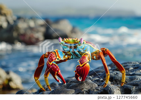 Sally Lightfoot crab on Rocky Shore with Ocean Background . generated AI 127745660