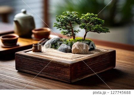 crafted harmony, zen garden meticulously raked, miniature bonsai trees, watercolor illustration 127745688