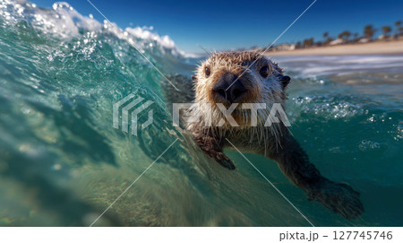 Playful underwater world sea otter floats. generative ai 127745746