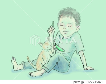 猫じゃらしで遊ぶ猫と男の子のイラスト 127745879