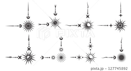 Mystic celestial border with moon and stars ornaments. Astrologic frame with spiritual elements. Vector dividers and fantasy corners with pattern of esoteric astral decorations. 127745892