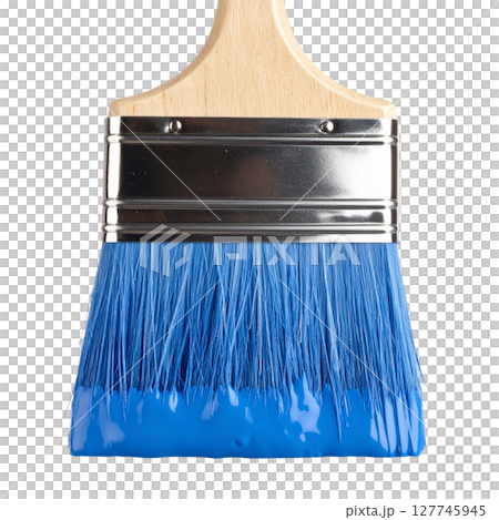 A clean, blue wooden paint brush with yellow bristles is isolated on a white background, ready for art or home painting work 127745945